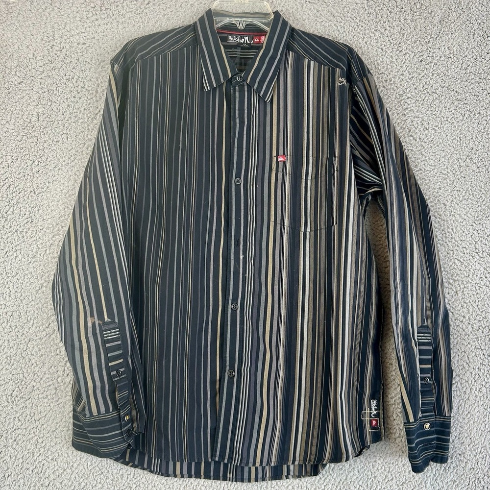 Vintage Y2K Quiksilver Men's Long Sleeve Striped Button Up Shirt Large Skater